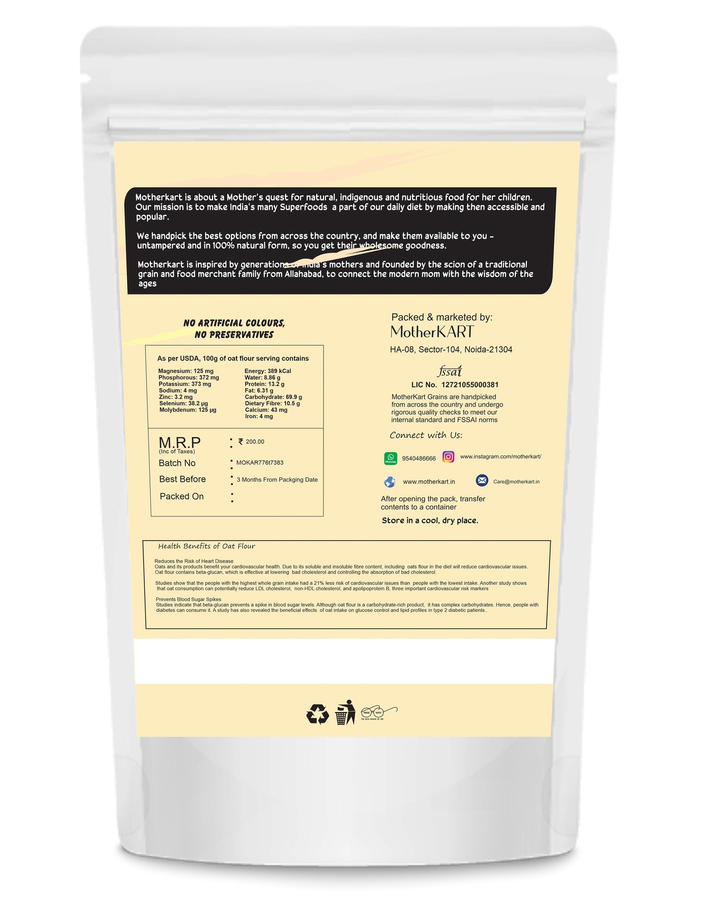 Motherkart Best Oats Flour 400 Gm small Pack - Weight loss & Diabetic friendly