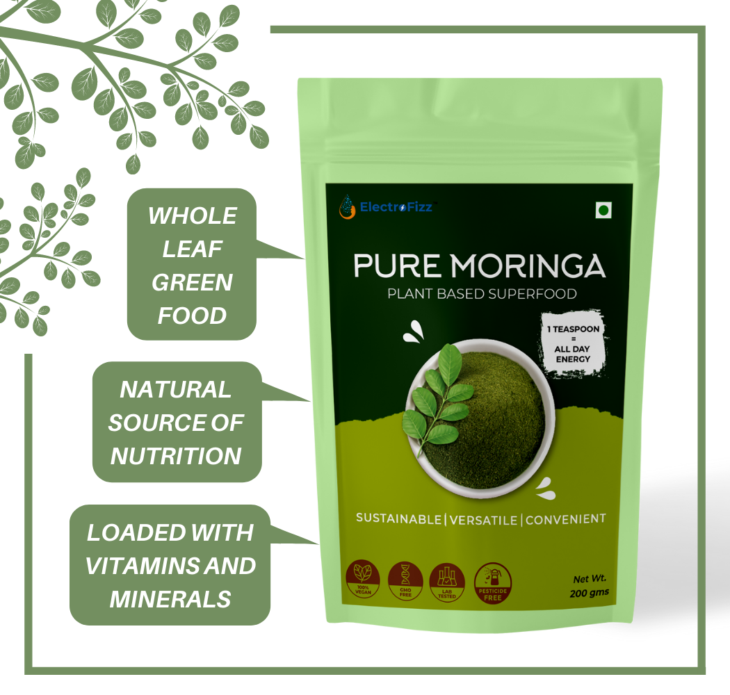 ElectroFizz Pure Moringa Leaf Powder for Weight loss, Energy Levels, Digestive Health, Superfood for Smoothies, Drinks, Soups, Salads, Rich Source of Multi-Vitamins & Minerals- 200 gms Pouch