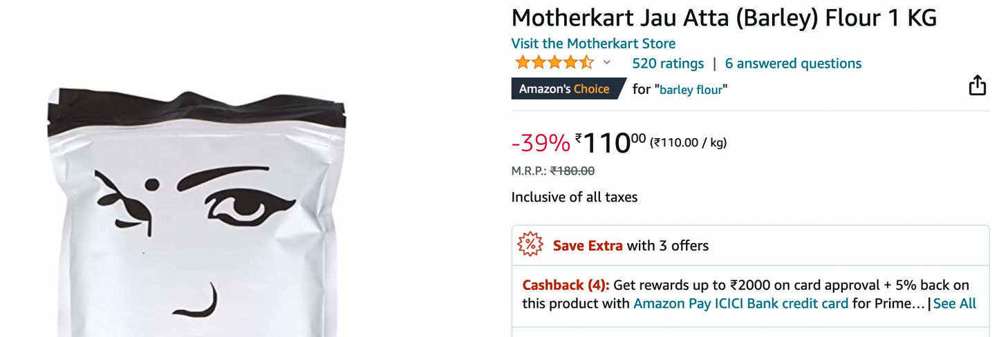 Motherkart Barley Flour (Jau Atta) - The best flour for Diabetics & Weight Loss - 1 KG